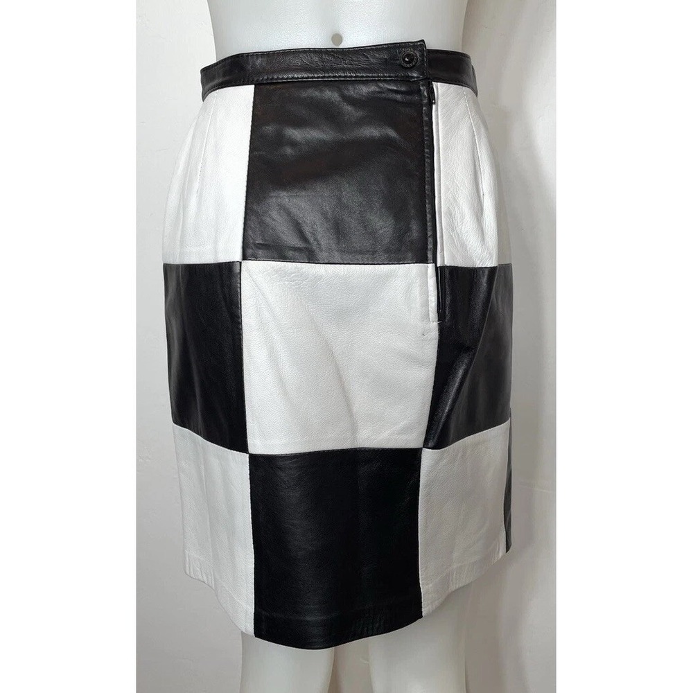 Vintage 90s Bagatelle Leather Checkered Mini Pencil Skirt Mod Retro Waist 27" - Picture 3 of 16